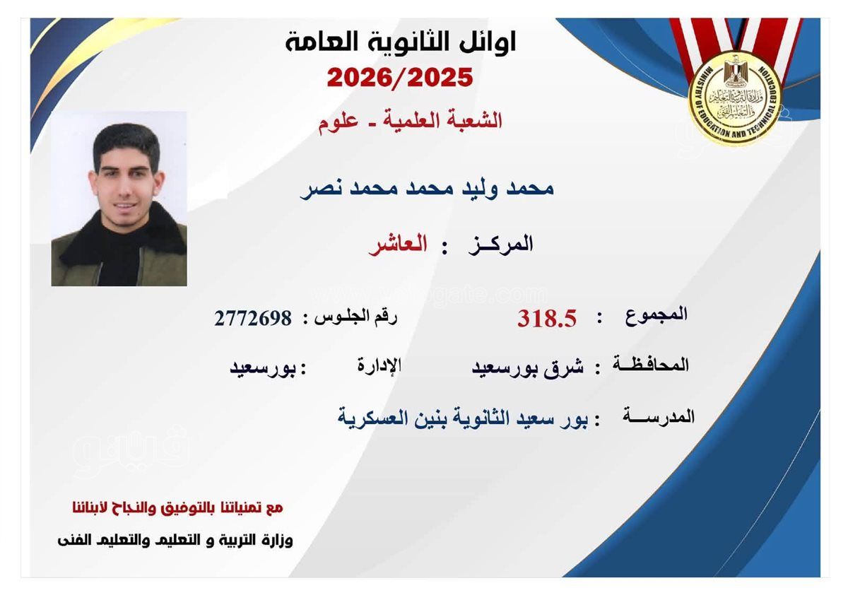 العاشر على الثانوية العامة شعبه علمي علوم ابن محافظة بورسعيد 