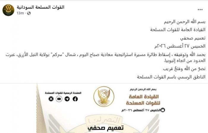 الجيش السوداني يسقط مسيرة معادية قادمة من إثيوبيا لضرب ولاية النيل الأزرق