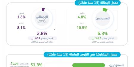 «الإحصاء»: 2.8 % معدل البطالة لسكان المملكة 
في الربع الأول من 2025