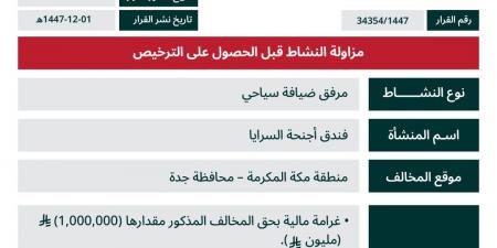السياحة تصدر قرار عقوبة بغرامة مليون ريال بحق فندق أجنحة السرايا في جدة