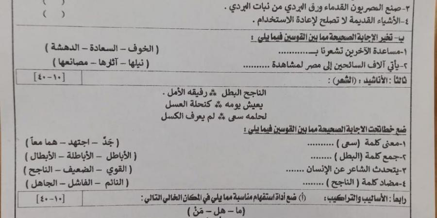 نموذج امتحان اللغة العربية للصف الثالث الابتدائي للفصل الدراسي الأول