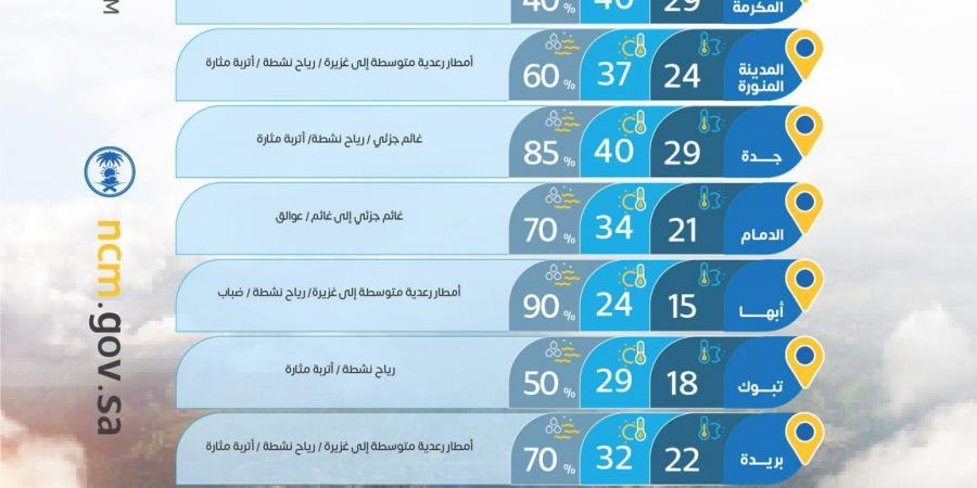حالة الطقس :أمطار رعدية غزيرة وسيول متوقعة على 11 منطقة مع تحذيرات من الغبار