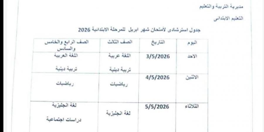 بعد
      التعديل..
      جدول
      امتحانات
      شهر
      أبريل
      2026
      لمحافظة
      الجيزة
      (المرحلة
      الابتدائية
      والإعدادية)