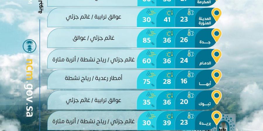 حالة الطقس: أمطار رعدية ورياح مثيرة للغبار على عدة مناطق
