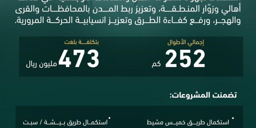 أمير عسير يدشّن 9 مشاريع طرق بتكلفة 473 مليون ريال لتعزيز البنية التحتية بالمنطقة