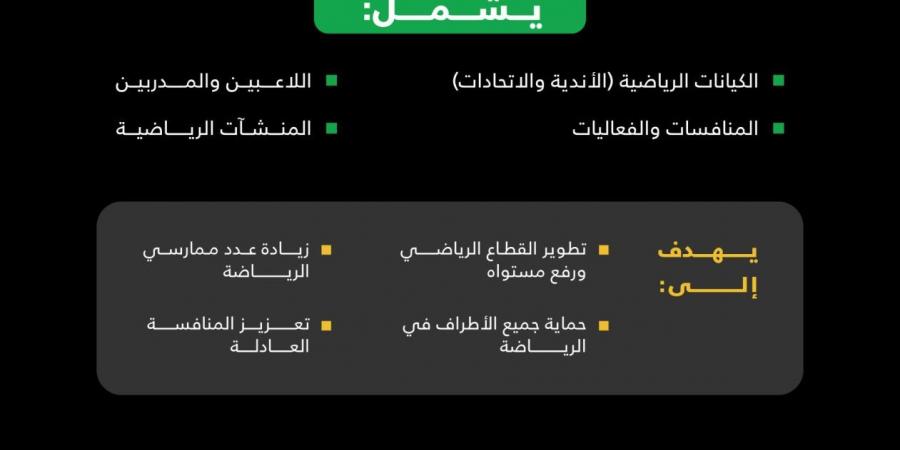وزارة
      الرياضة
      تُعلن
      بدء
      سريان
      نظام
      الرياضة
      لتعزيز
      الحوكمة
      وتحفيز
      الاستثمار