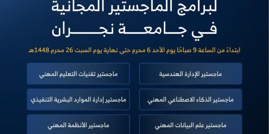 جامعة نجران تفتح باب التقديم على برامج الماجستير المجانية للعام الجامعي 1448هـ