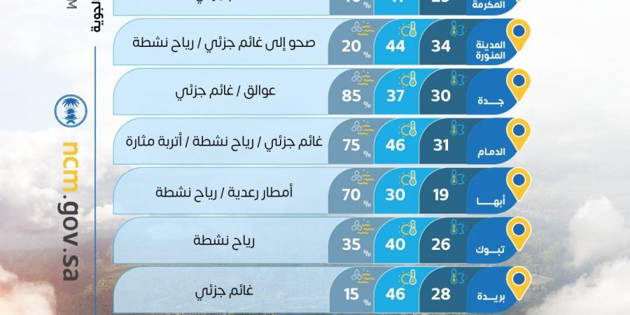 حالة الطقس: أمطار رعدية وبَرَد على مرتفعات الجنوب.. وحرارة مرتفعة وأتربة تؤثر على عدة مناطق بالمملكة