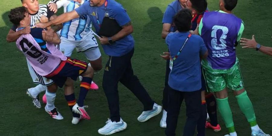 بالفيديو| منتخب الأرجنتين حاول إفساد فرحة إسبانيا بكأس العالم.. هكذا اندلعت الاشتباكات